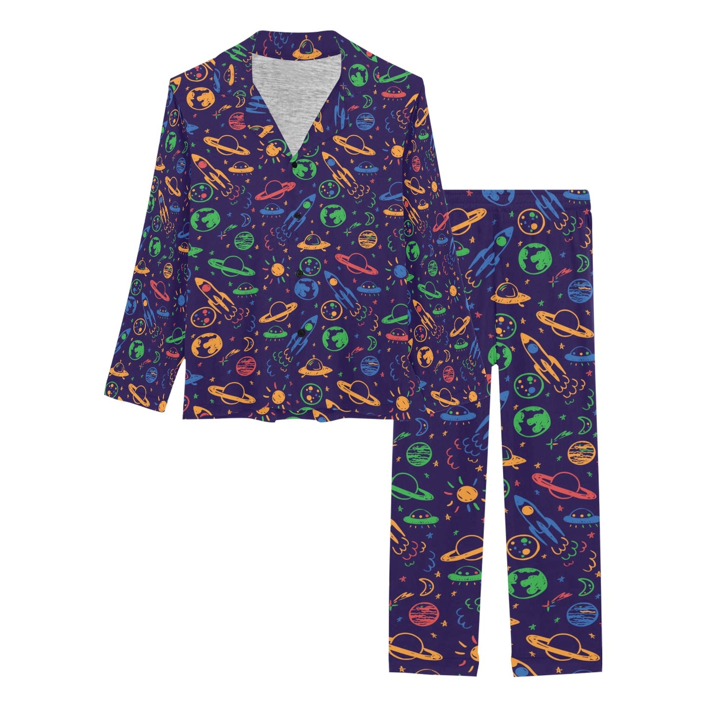 UFO Space Rocket Print Design LKS302 Women's Long Pajama Set