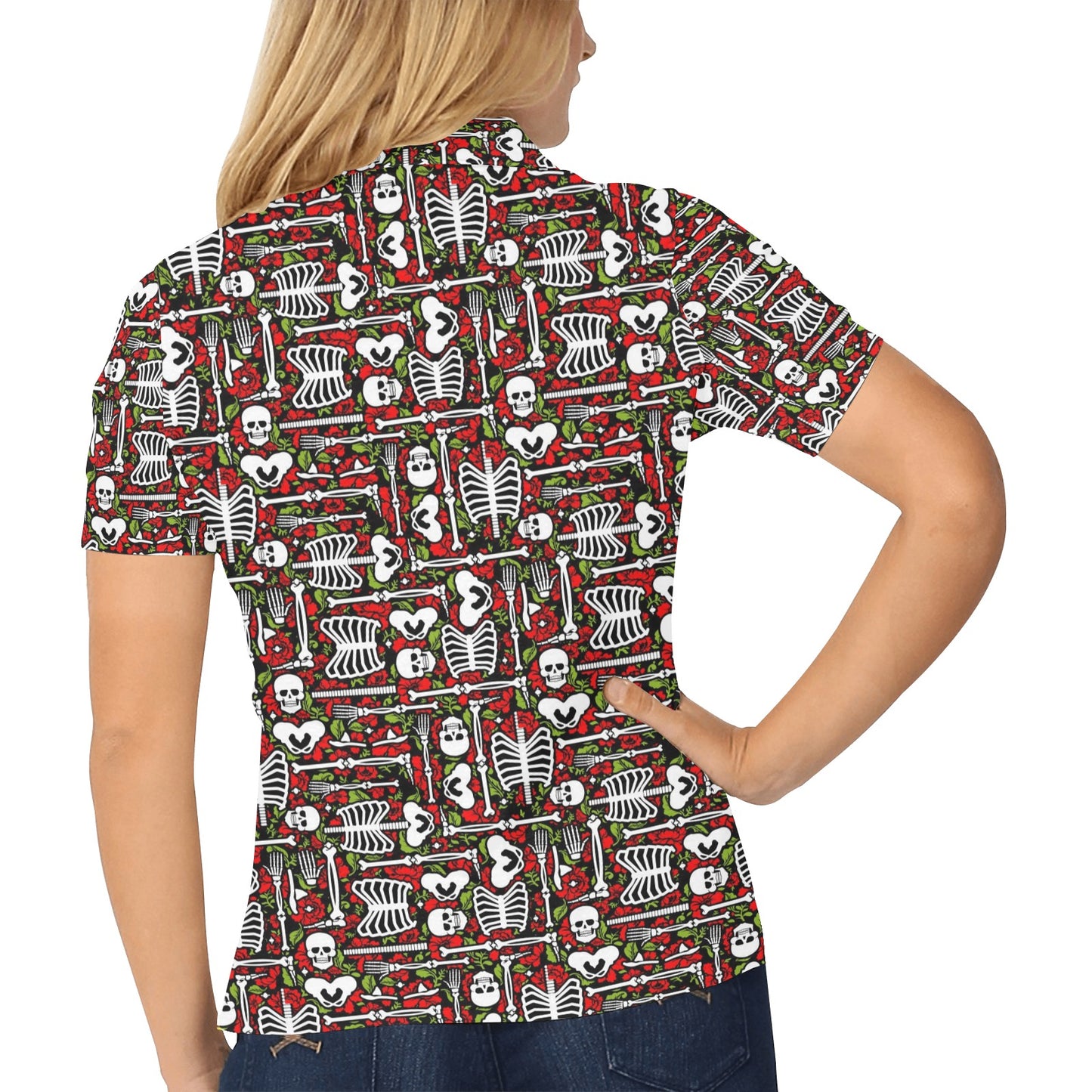 Skeleton Pattern Print Women's Polo Shirt