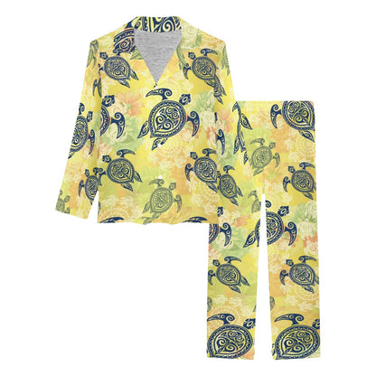 Hawaiian Turtle Tribal Design Print Women's Long Pajama Set