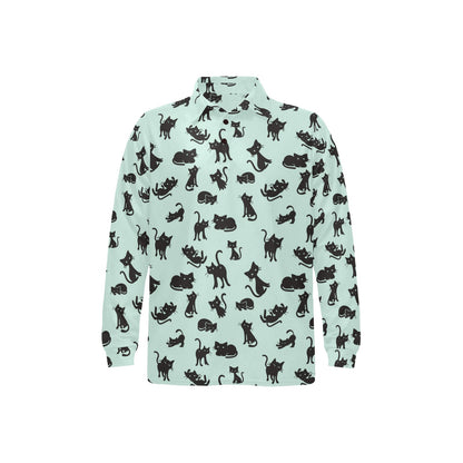 Black Cat Pattern Print Design 04 Long Sleeve Polo Shirt For Men's