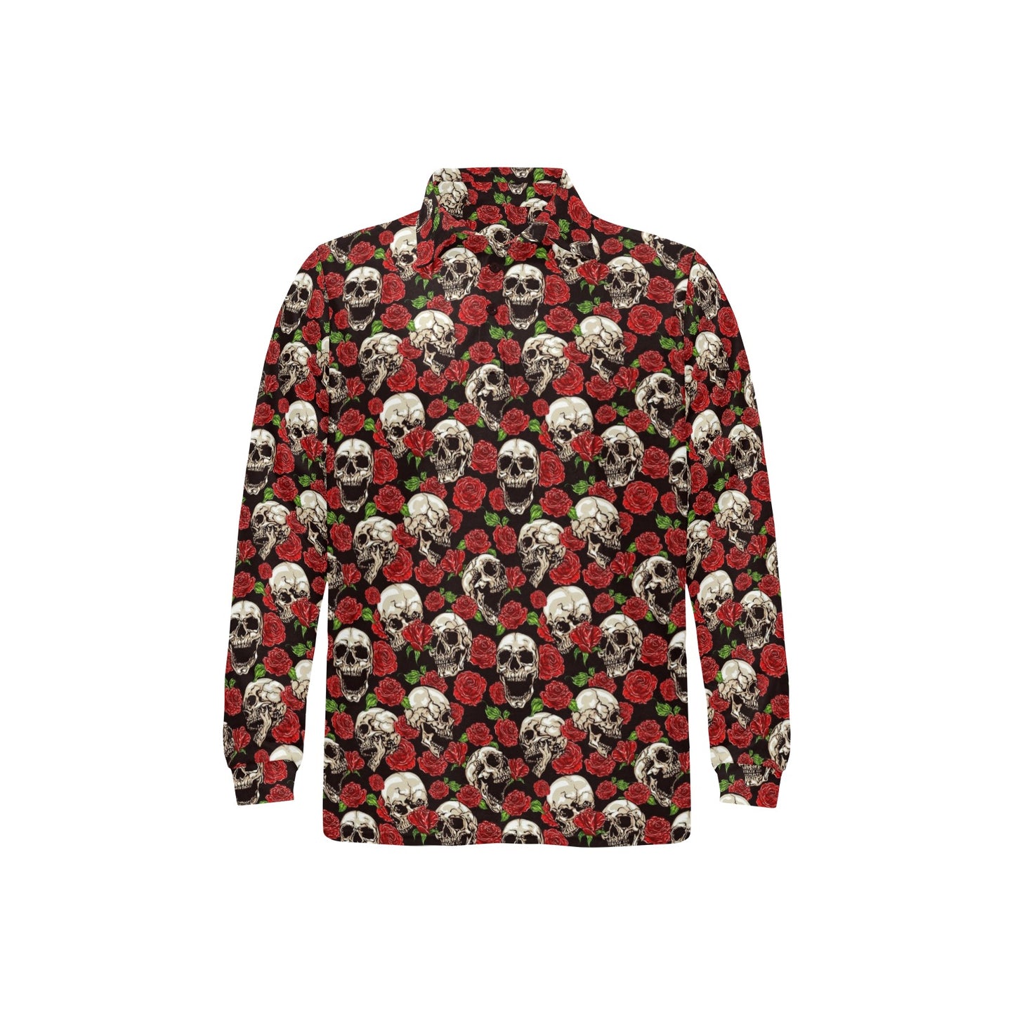 Skull Roses Design Themed Print Long Sleeve Polo Shirt For Men's
