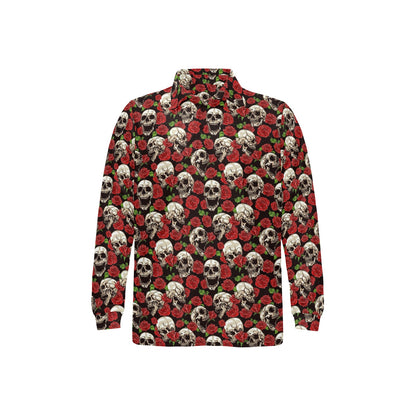 Skull Roses Design Themed Print Long Sleeve Polo Shirt For Men's