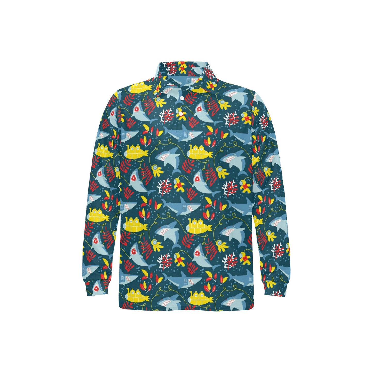 Scuba With Sharks Print Design LKS303 Long Sleeve Polo Shirt For Men's