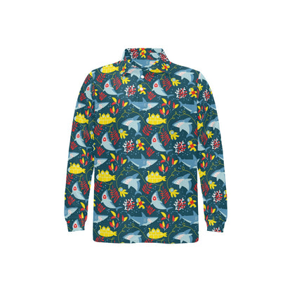 Scuba With Sharks Print Design LKS303 Long Sleeve Polo Shirt For Men's