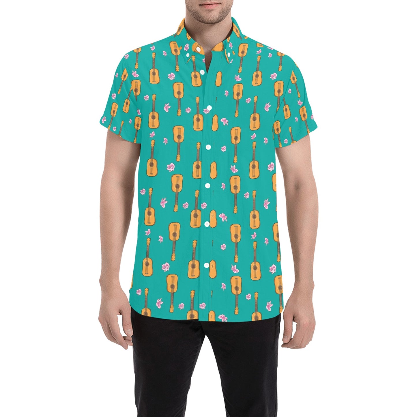 Ukulele Print Design LKS403 Men Short Sleeve Button Up Shirt