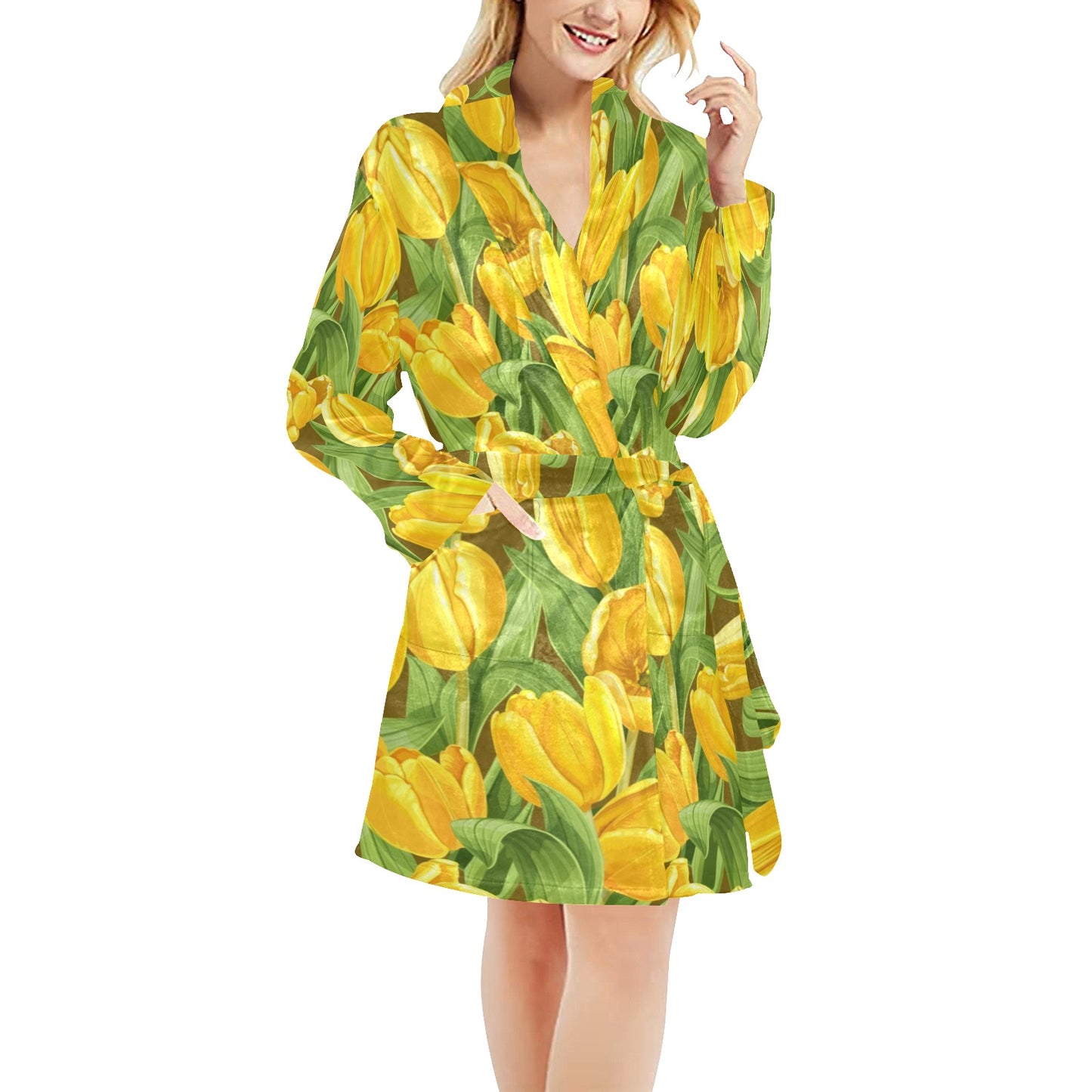 Tulip Yellow Pattern Print Design TP010 Women's Fleece Robe