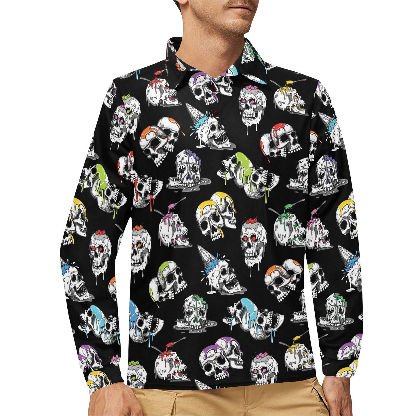 Skull Print Design LKS3013 Long Sleeve Polo Shirt For Men's
