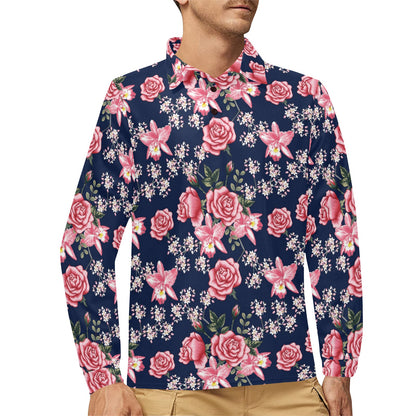 Rose Pattern Print Design A05 Long Sleeve Polo Shirt For Men's