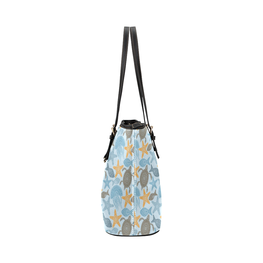Polynesian Jellyfish Turtle Print Leather Tote Bag