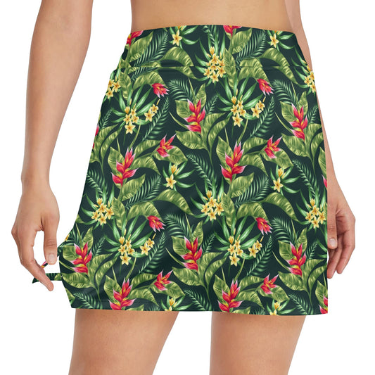 Tropical Folower Red Heliconia Print 17" Golf & Pickleball Skort with Pockets