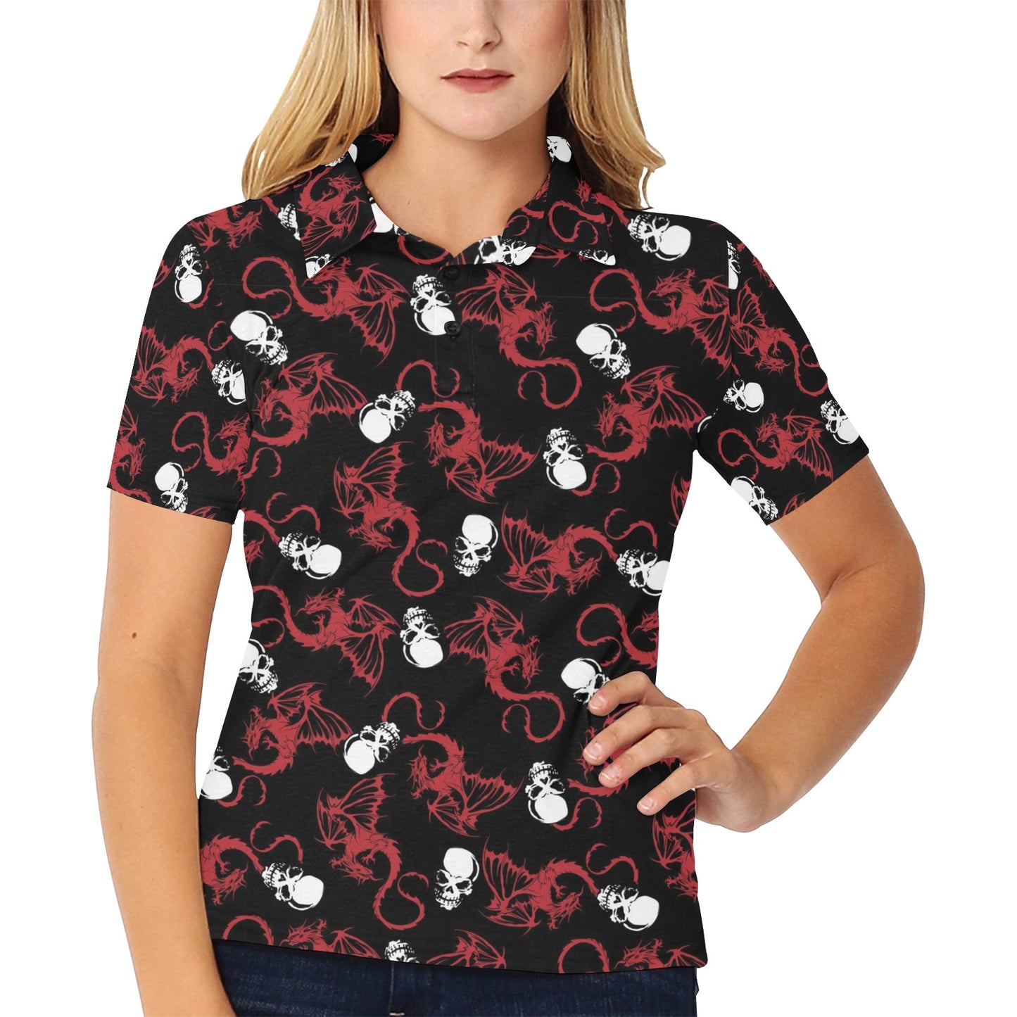 Skull With Red Dragon Print Design LKS304 Women's Polo Shirt