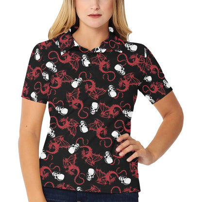 Skull With Red Dragon Print Design LKS304 Women's Polo Shirt