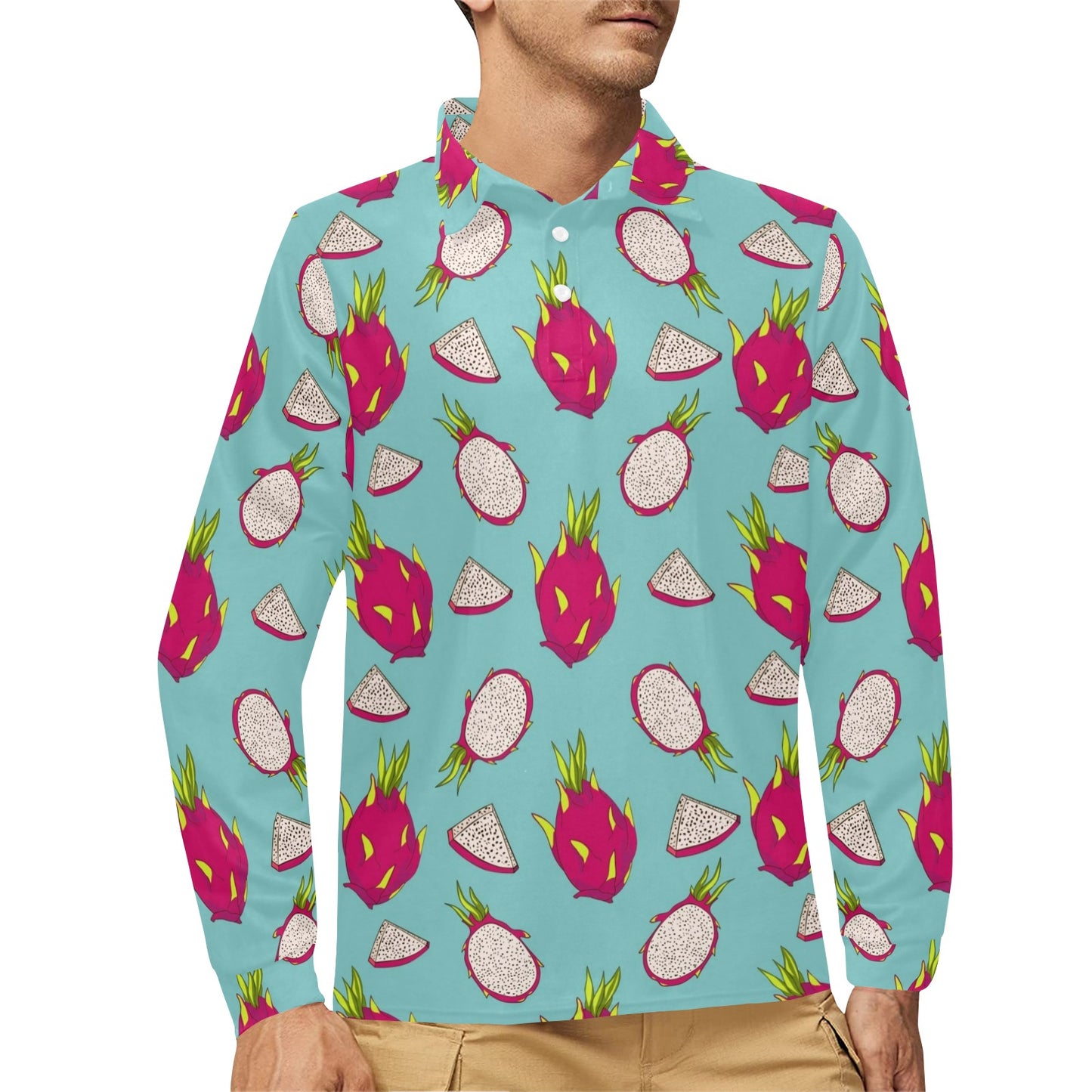 Dragonfruit Pattern Print Design DF01 Long Sleeve Polo Shirt For Men's