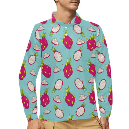 Dragonfruit Pattern Print Design DF01 Long Sleeve Polo Shirt For Men's