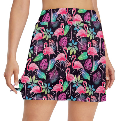 Flamingo Tropical leaves Neon Print 17" Golf & Pickleball Skort with Pockets