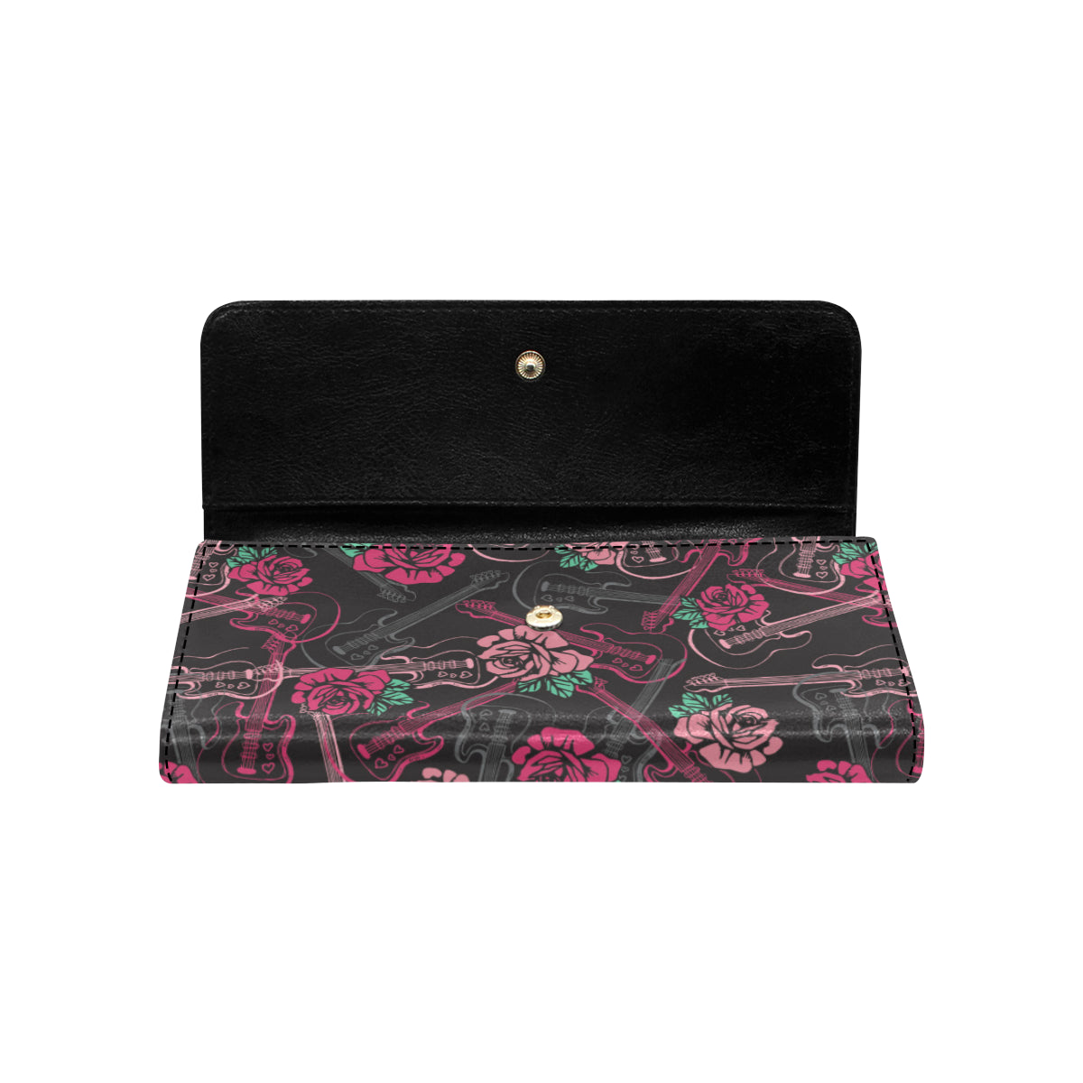 Bass Guitar Pink Rose Pattern Print Design 01 Women's Trifold Wallet