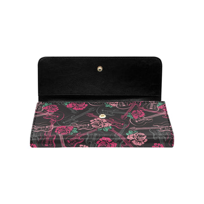 Bass Guitar Pink Rose Pattern Print Design 01 Women's Trifold Wallet