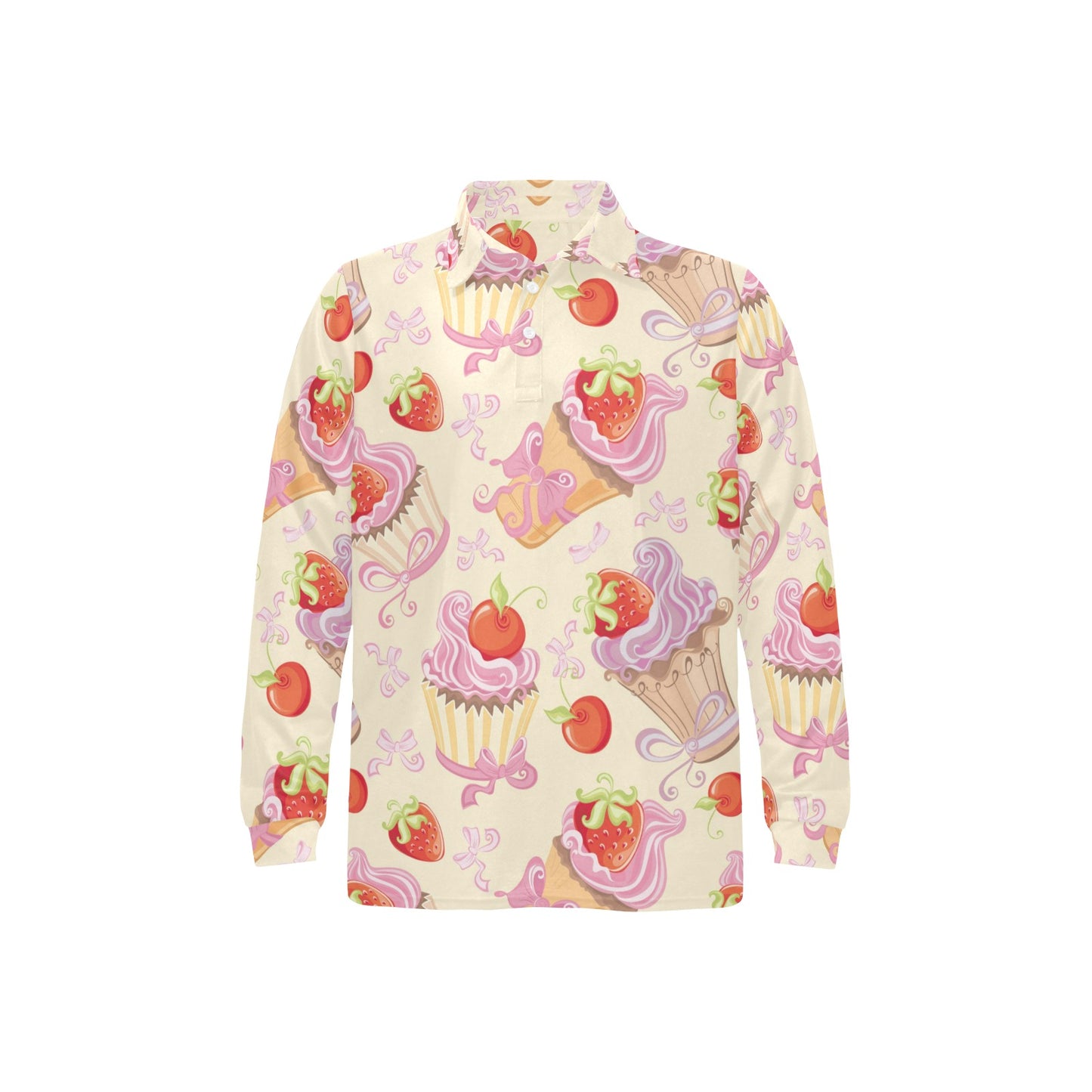 Strawberry Pink CupCake Long Sleeve Polo Shirt For Men's