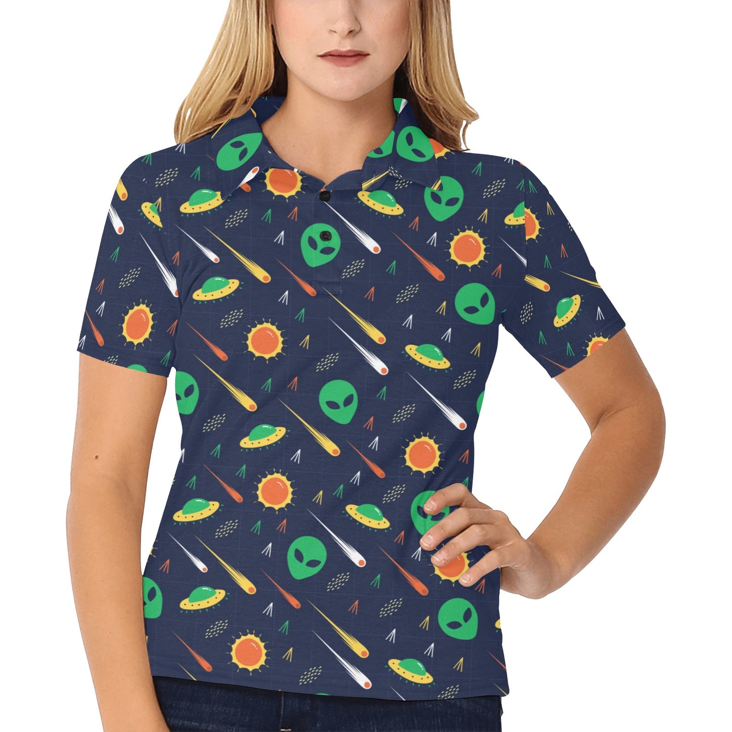 Alien UFO Pattern Print Design 05 Women's Polo Shirt