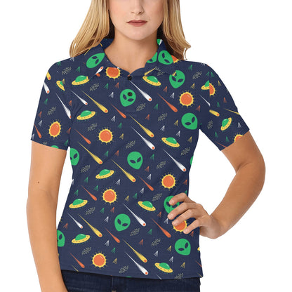 Alien UFO Pattern Print Design 05 Women's Polo Shirt