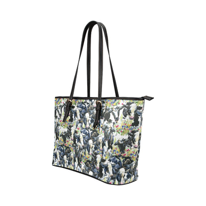 Cow Watercolor Print Pattern Leather Tote Bag