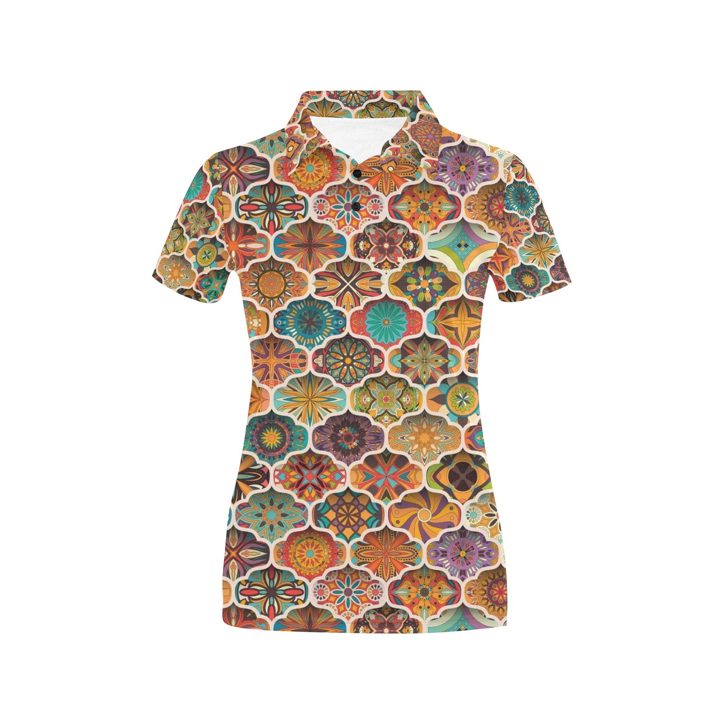 Mandala Mosaic Themed Design Print Women's Polo Shirt