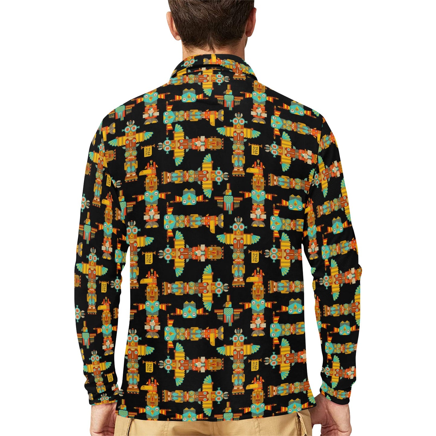 Totem Pole Cartoon Print Long Sleeve Polo Shirt For Men's