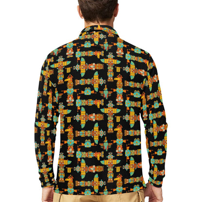 Totem Pole Cartoon Print Long Sleeve Polo Shirt For Men's