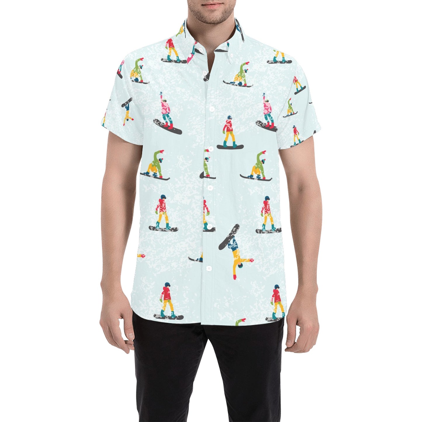 Snowboard Print Design LKS304 Men Short Sleeve Button Up Shirt