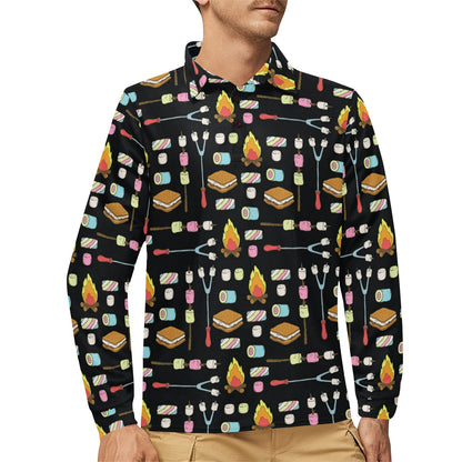 Camping Campfire Marshmallows Long Sleeve Polo Shirt For Men's