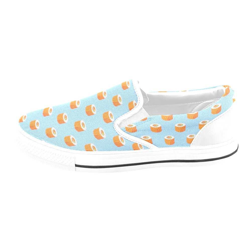 Salmon Sushi Print Design LKS307 White Slip Ons Canvas Women's Shoes