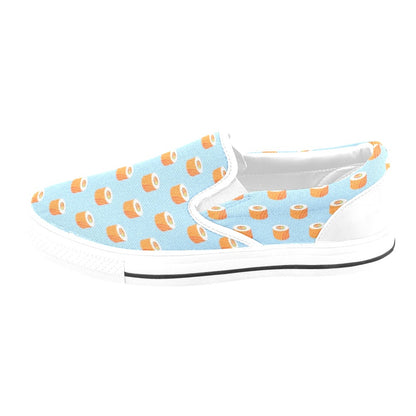 Salmon Sushi Print Design LKS307 White Slip Ons Canvas Women's Shoes