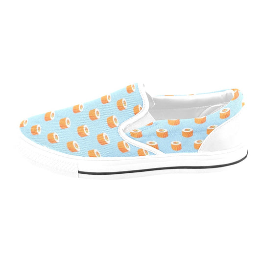 Salmon Sushi Print Design LKS307 White Slip Ons Canvas Women's Shoes