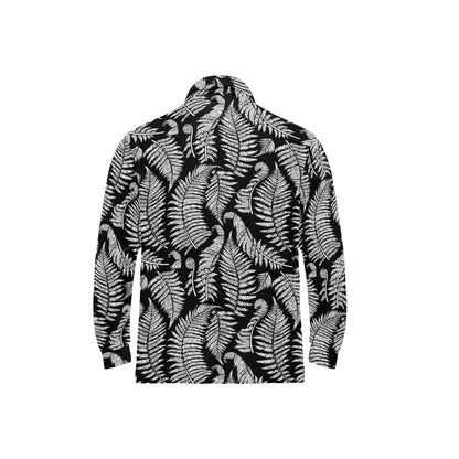 Fern Leave Black White Print Pattern Long Sleeve Polo Shirt For Men's