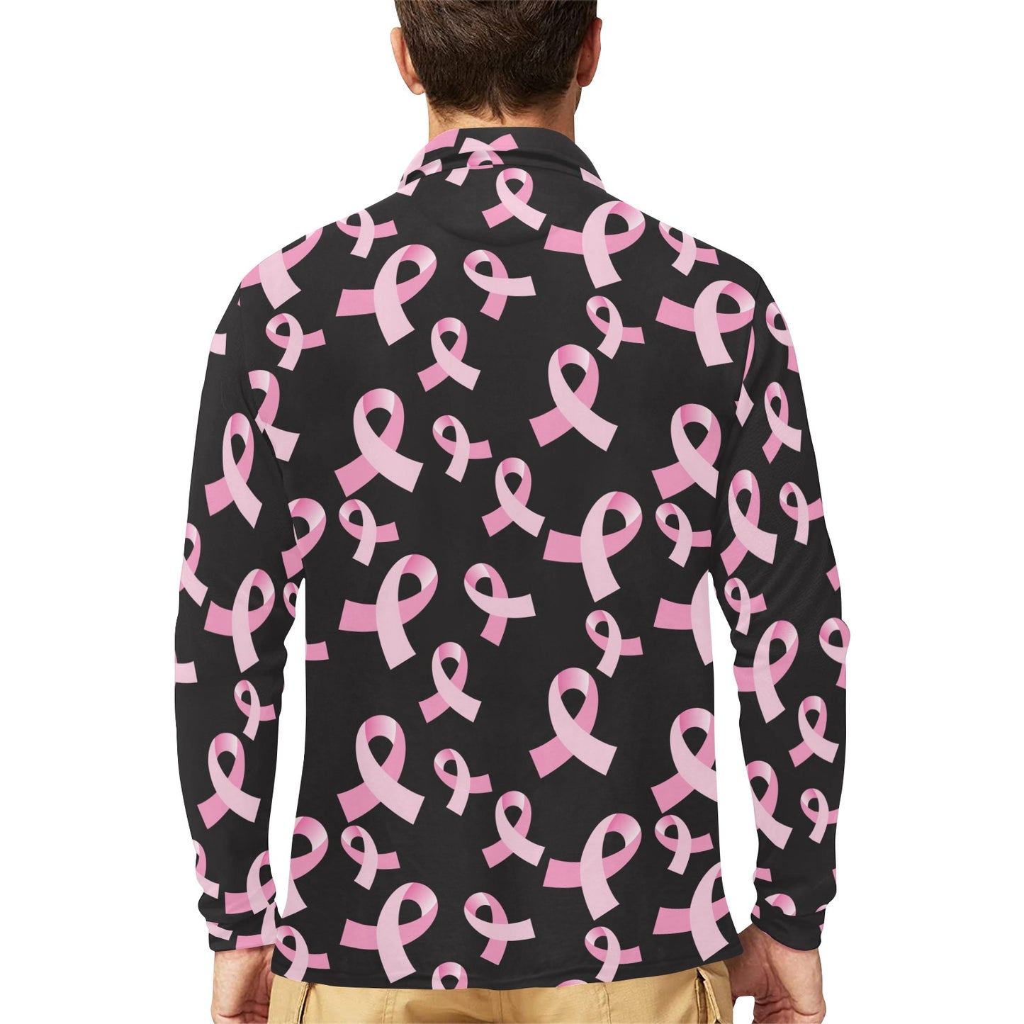 Breast Cancer Awareness Design Long Sleeve Polo Shirt For Men's