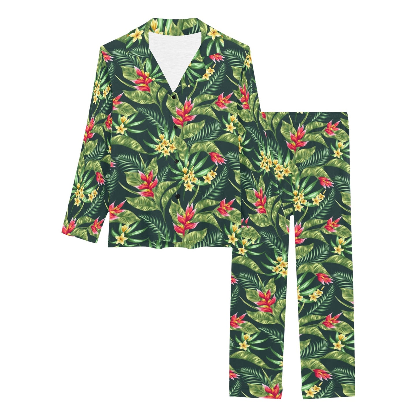 Tropical Folower Red Heliconia Print Women's Long Pajama Set