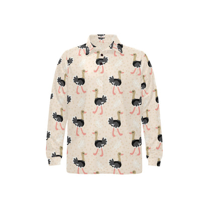 Ostrich Pattern Print Design 02 Long Sleeve Polo Shirt For Men's