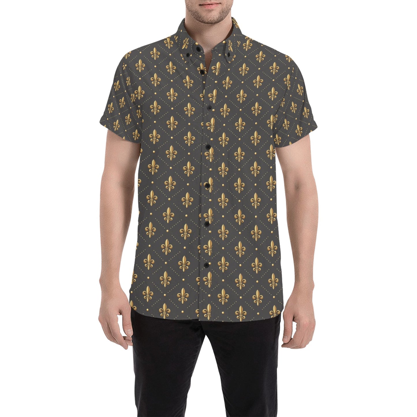 Fleur De Lis Print Design LKS402 Men Short Sleeve Button Up Shirt