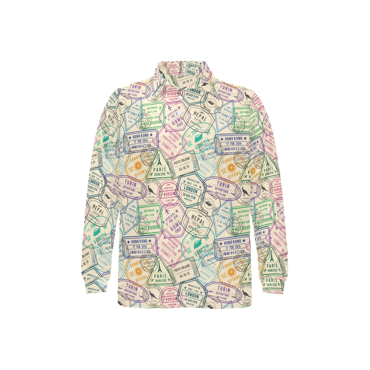 Travel Stamp Print Design LKS303 Long Sleeve Polo Shirt For Men's