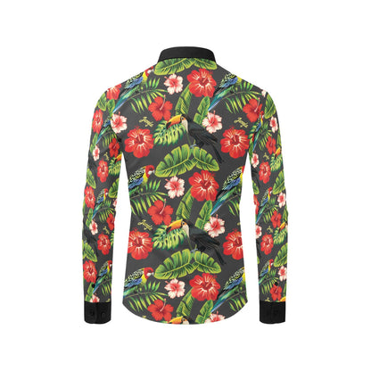 Hibiscus Red With Parrotprint Design LKS303 Men's Long Sleeve Dress Shirt