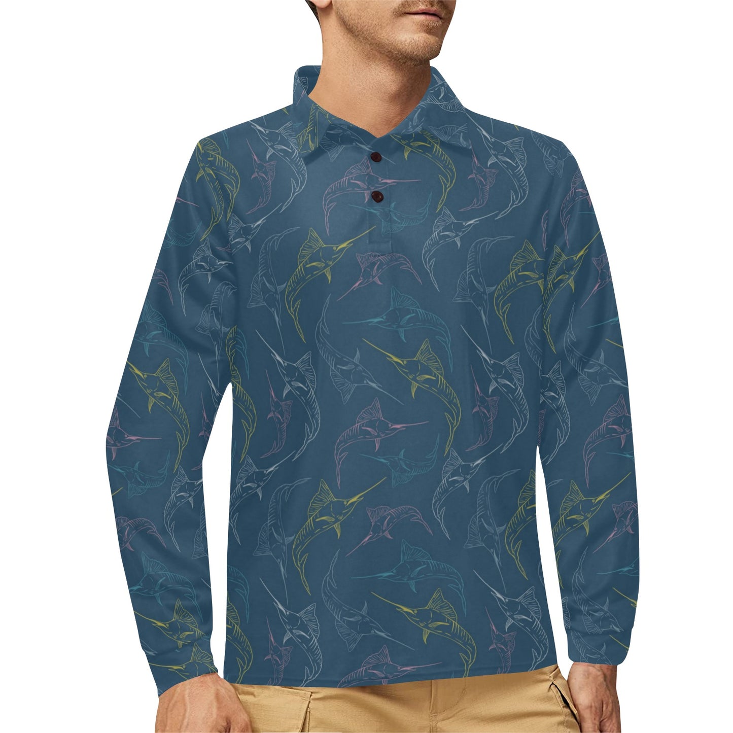 Swordfish Pattern Print Design 02 Long Sleeve Polo Shirt For Men's