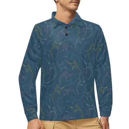 Swordfish Pattern Print Design 02 Long Sleeve Polo Shirt For Men's