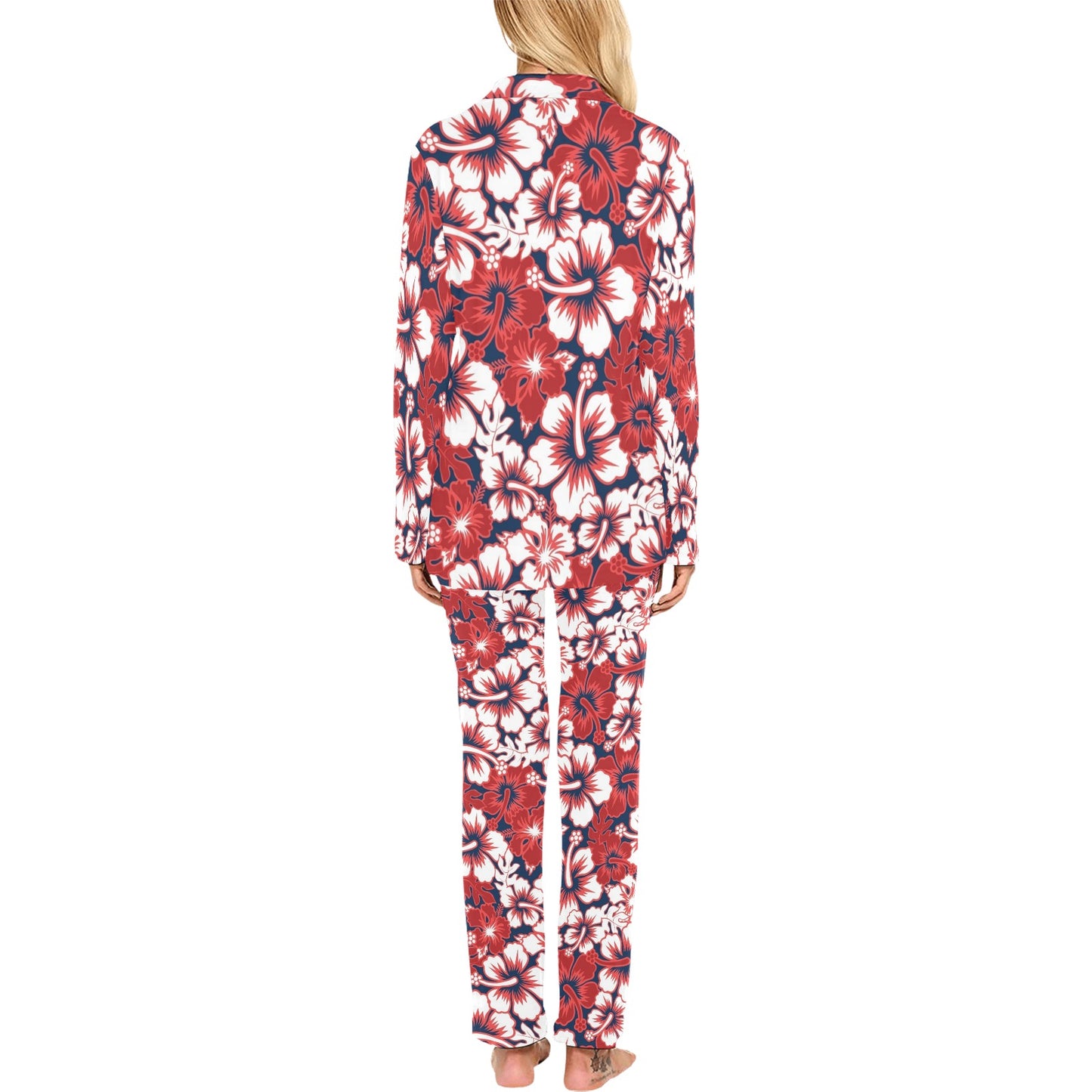 Red Hibiscus Pattern Print Design HB01 Women's Long Pajama Set