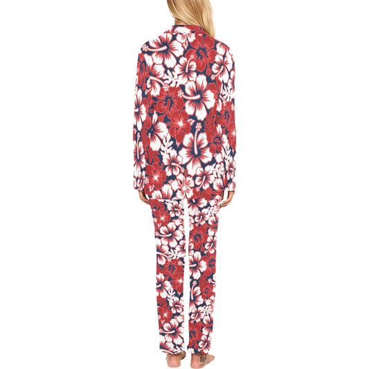 Red Hibiscus Pattern Print Design HB01 Women's Long Pajama Set