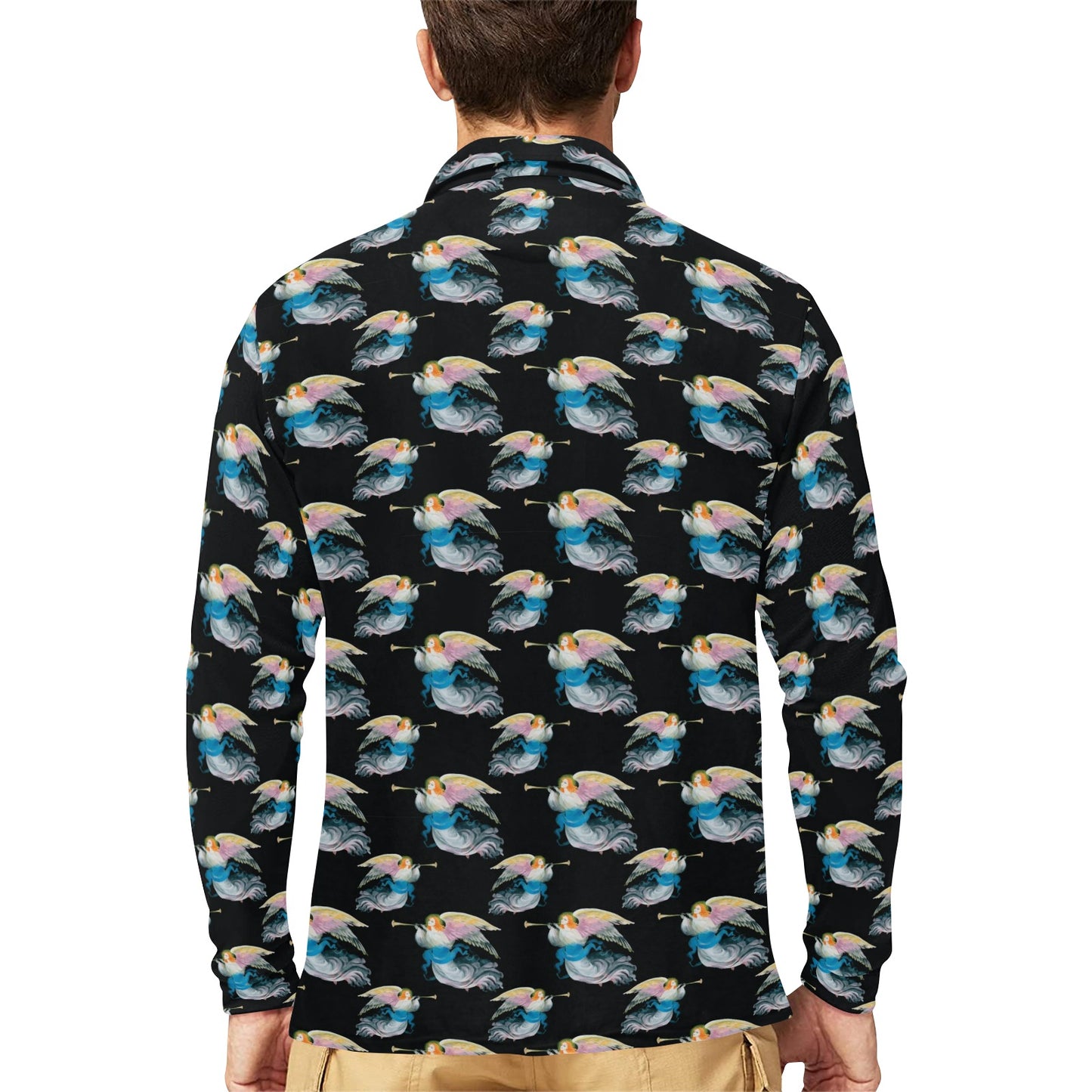 Angel with Wings Beautiful Design Print Long Sleeve Polo Shirt For Men's
