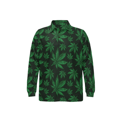 Pot Leaf Pattern Print Design A04 Long Sleeve Polo Shirt For Men's