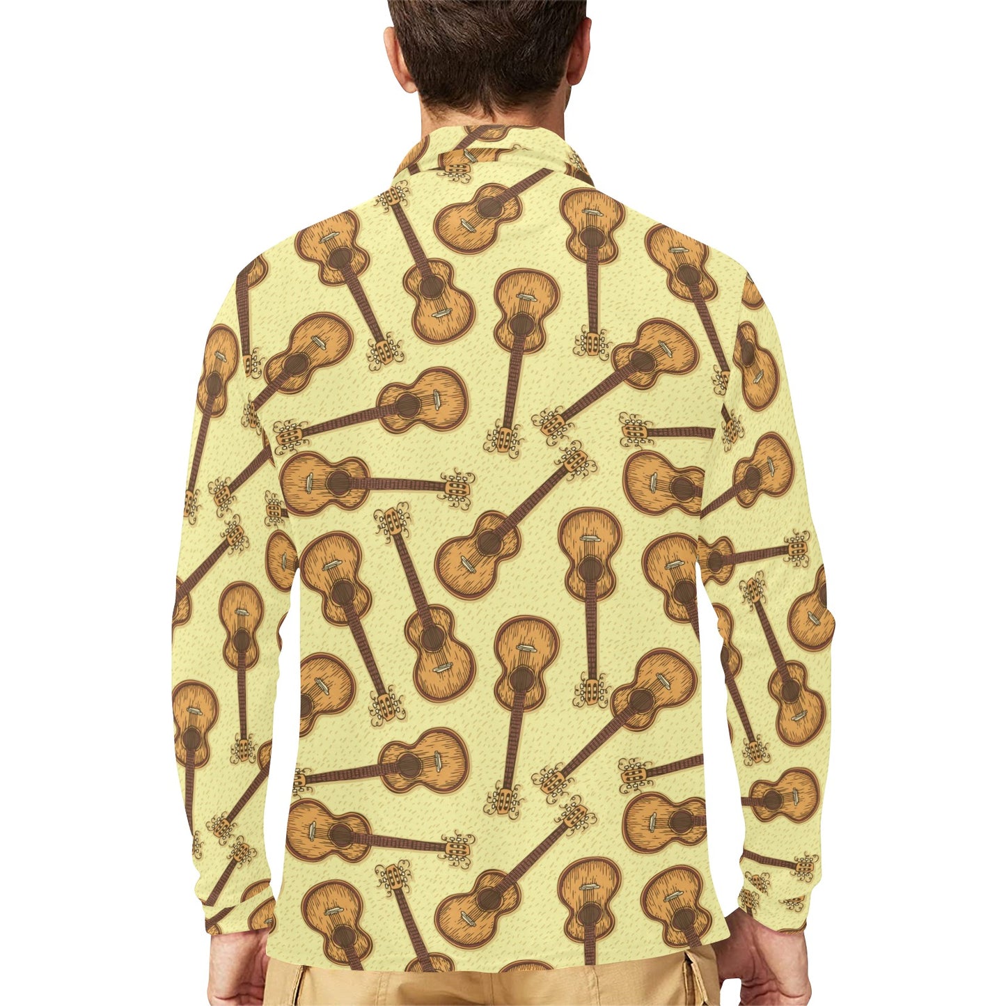 Acoustic Guitar Print Design LKS402 Long Sleeve Polo Shirt For Men's