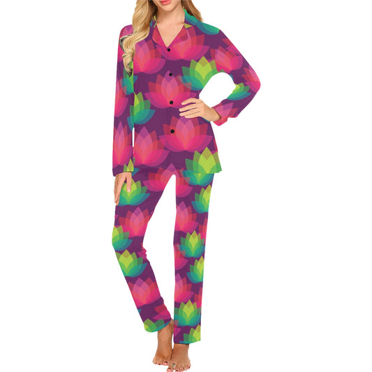 Lotus Pattern Print Design 02 Women's Long Pajama Set