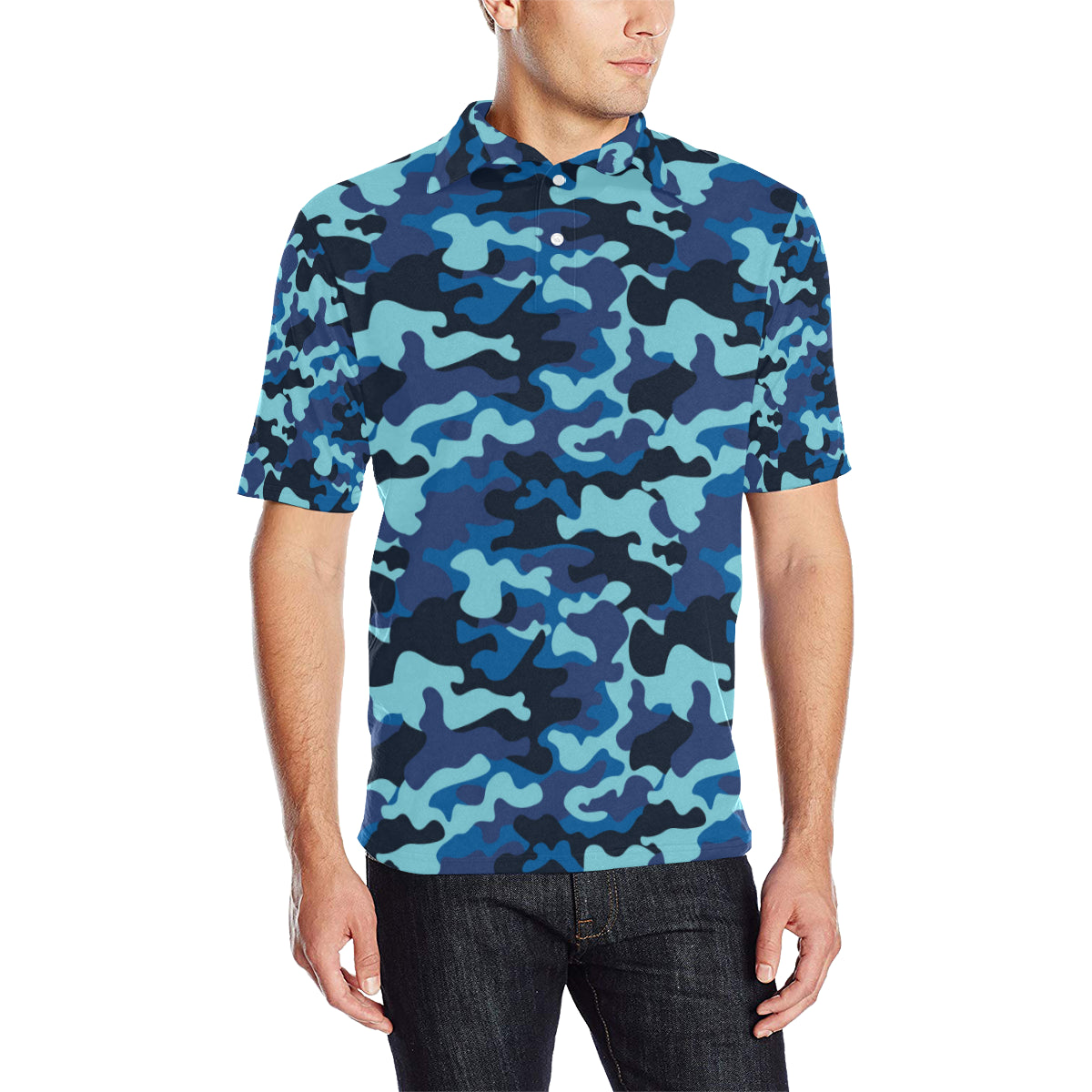 Camo Blue Pattern Print Design 04 Men Polo Shirt
