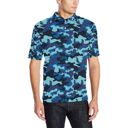 Camo Blue Pattern Print Design 04 Men Polo Shirt